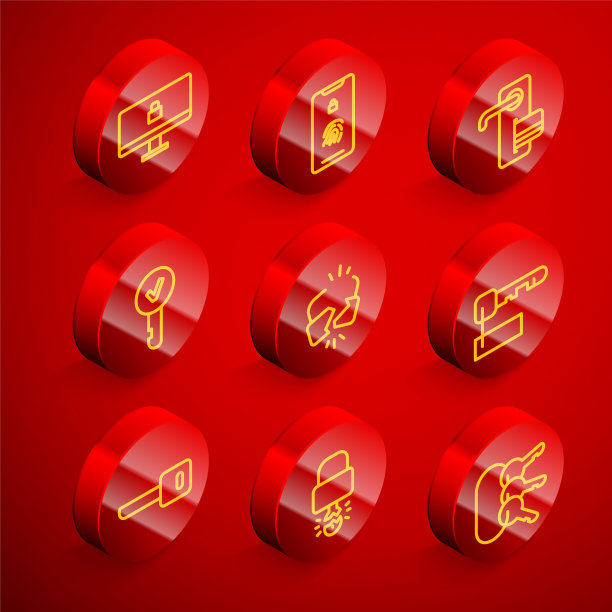 在电脑显示器上设置线锁，手机指纹扫描，数字门锁，钥匙，破碎的裂缝，标记的钥匙，和破裂的挂锁图标。向量图片下载