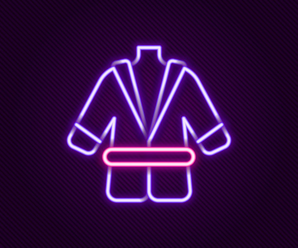 发光的霓虹灯线浴袍图标隔离在黑色背景。彩色轮廓概念。向量图片下载