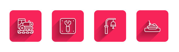 设定线路古机车、铁路维修、火车站钟、餐盘与长影。红色方块按钮。向量图片下载