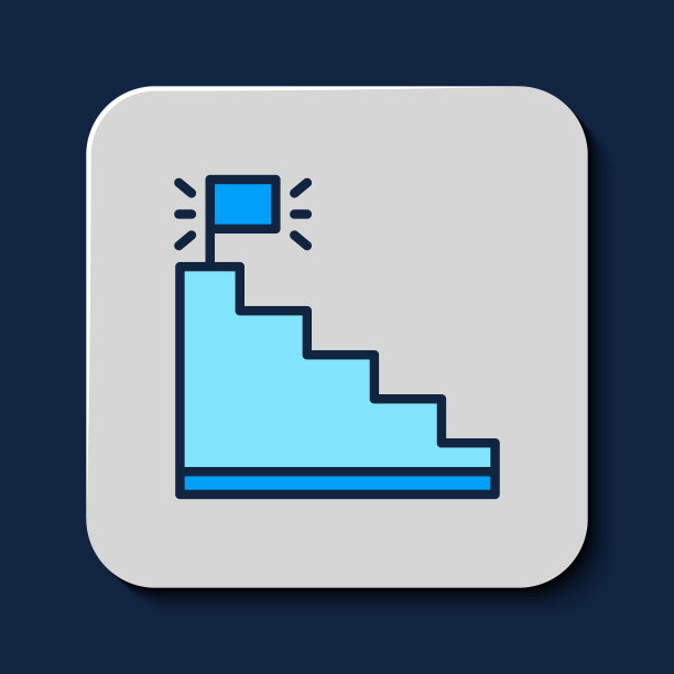 填充轮廓楼梯与完成标志图标隔离在蓝色背景。职业发展商业理念。业务发展的概念。向量图片下载