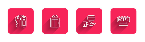 设置线酒店门锁钥匙，电梯，数字和招牌与文字与长影子。红色方块按钮。向量图片下载