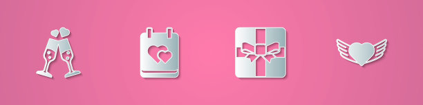 设置剪纸杯香槟，日历与心脏，礼盒和心脏翅膀图标。纸艺术风格。向量图片下载