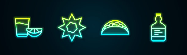 龙舌兰杯，柠檬，太阳，墨西哥玉米饼和瓶子。发光的霓虹灯图标。向量图片下载