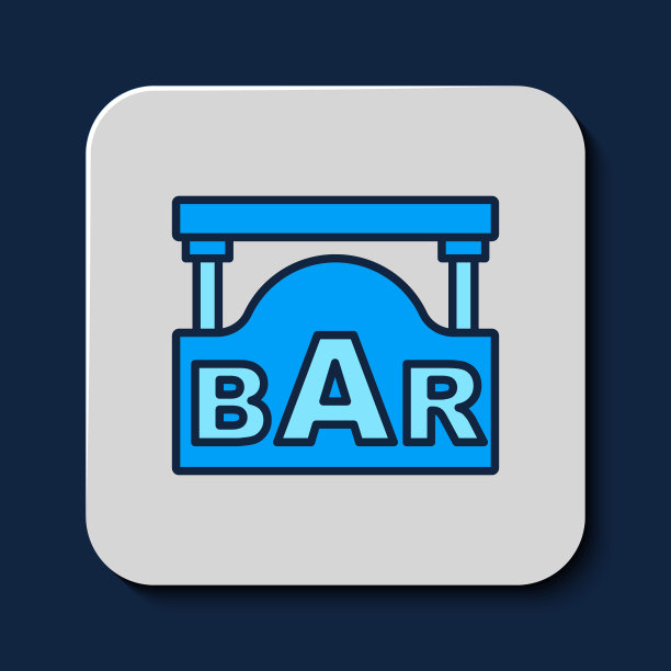 填充轮廓街道招牌与铭文酒吧图标隔离在蓝色背景。适用于酒吧、咖啡厅、餐厅的广告。向量图片下载