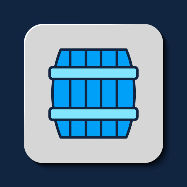 填充轮廓木桶图标孤立在蓝色背景。酒桶，饮料容器，木桶，啤酒，威士忌，葡萄酒。向量图片下载