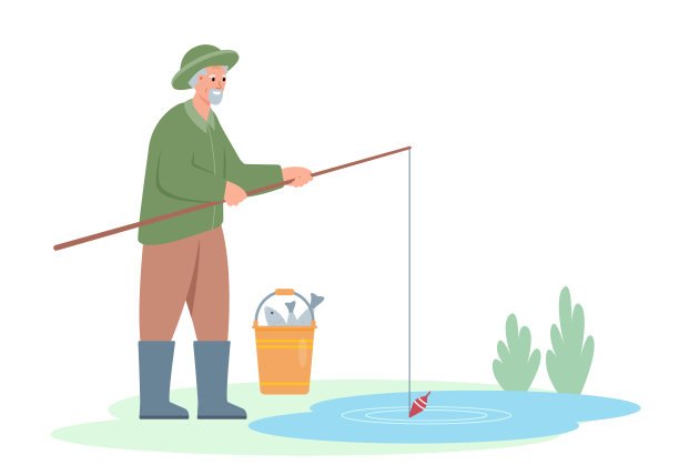 年老的渔夫在池塘或湖边拿着钓竿和鱼。老年人的爱好或积极健康的生活观念。图片下载