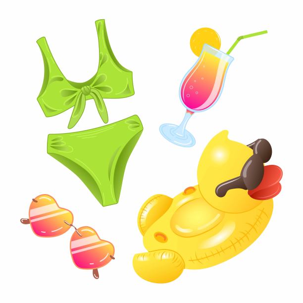 沙滩配件的矢量插图集。游泳圈的形状是鸭子，泳装，墨镜图片下载