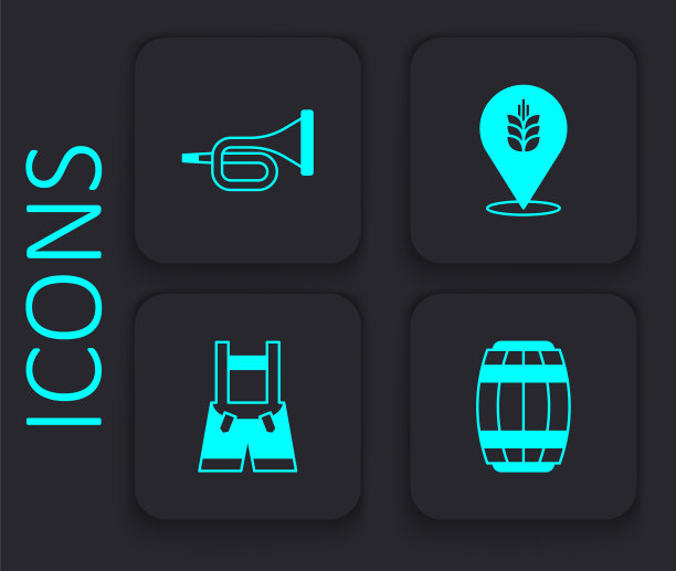 设置木桶，小号，小麦和皮短裤图标。黑色方形按钮。向量图片下载