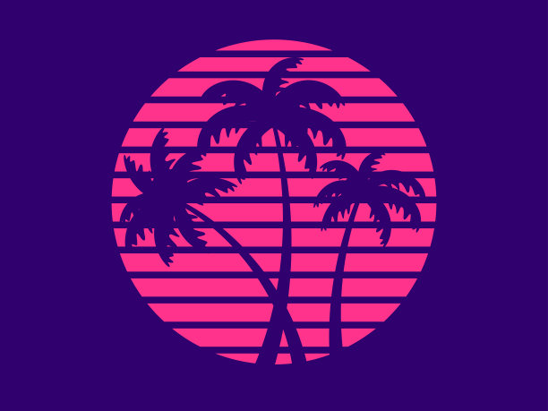 热带棕榈树日落在未来的80年代风格。夏天的时候，棕榈树的剪影在合成器和复古风格。设计广告小册子及横幅。矢量图图片下载