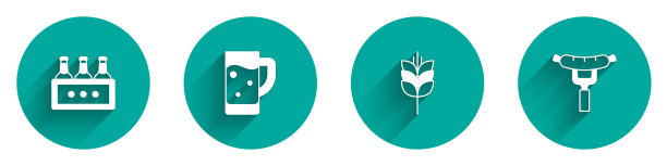 集装啤酒瓶，玻璃，小麦和香肠上的叉子图标与长阴影。向量图片下载