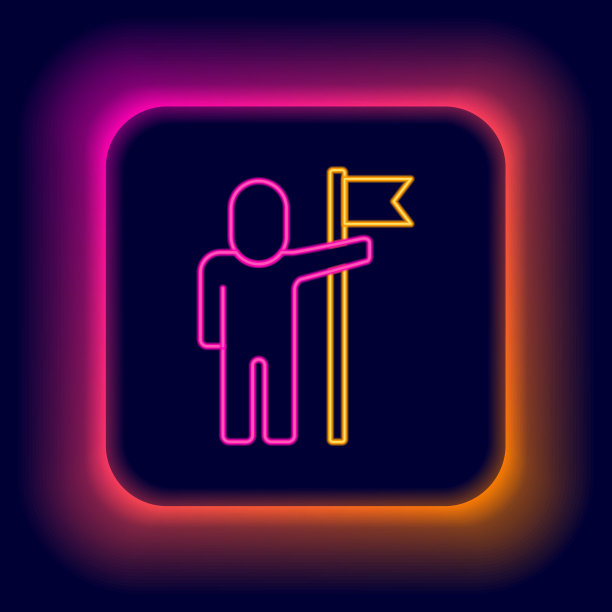 发光的霓虹灯线男子持有旗帜图标孤立在黑色背景。胜利、取胜、征服逆境的理念。彩色轮廓概念。向量图片下载