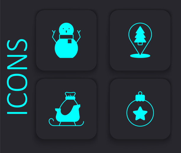 设置圣诞球，雪人，树和圣诞老人的雪橇图标。黑色方形按钮。向量图片下载