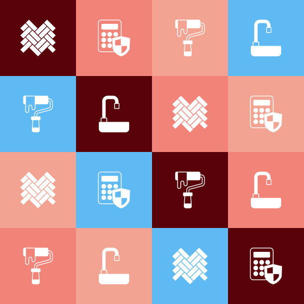 设置流行艺术拼花，安全键盘访问面板，油漆滚筒刷和脸盆图标。向量图片下载