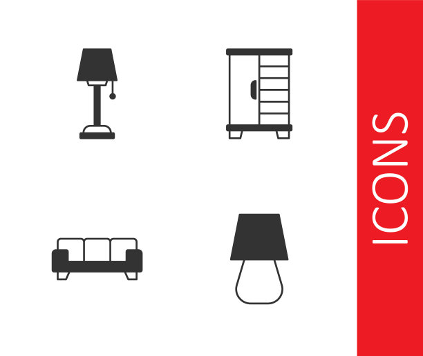 设置台灯，地板，沙发和衣柜图标。向量图片下载