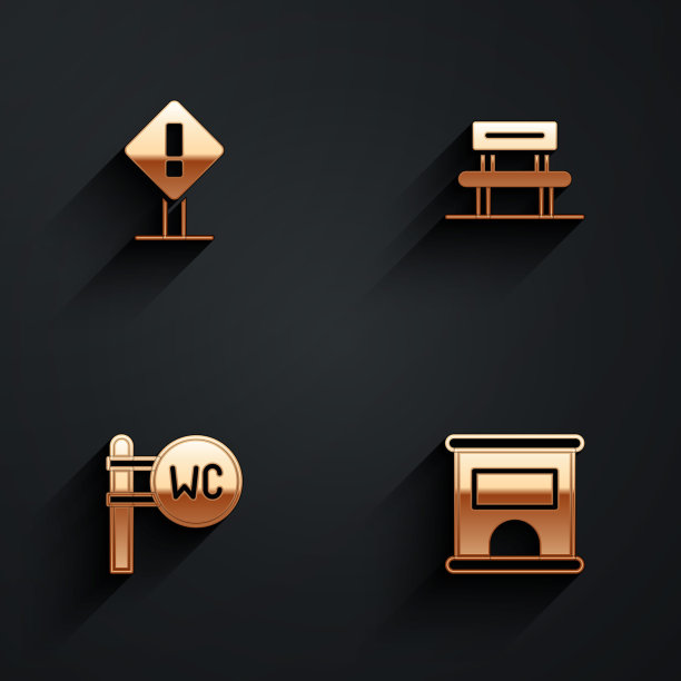 在广场，候车厅，厕所和售票处设置感叹号，购买带有长阴影的图标。向量图片下载