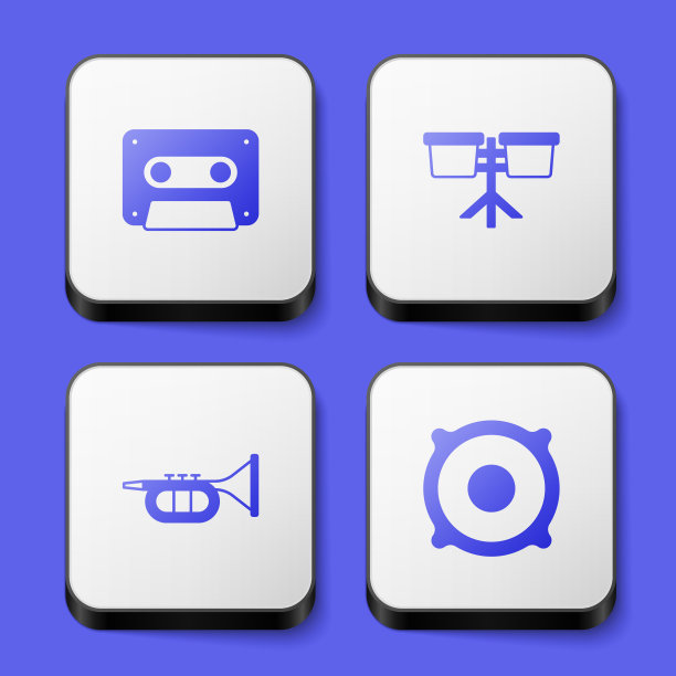 设置复古盒式磁带，邦戈鼓，小号和立体声扬声器图标。白色方形按钮。向量图片下载