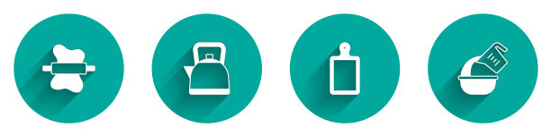 在面团上设置擀面杖，有手柄的水壶，切菜板和长阴影的量杯碗图标。向量图片下载