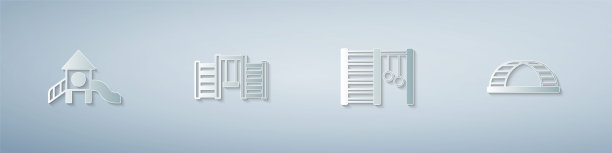 设置滑梯游乐场，瑞典墙，猴子酒吧。纸艺术风格。向量图片下载