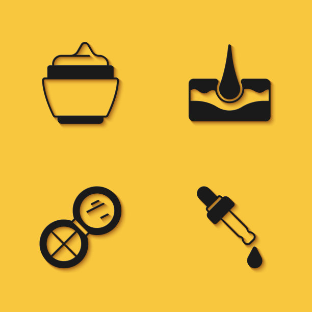 设置乳霜或乳液化妆管，移液与油，化妆粉镜子和人类毛囊图标与长阴影。向量图片下载