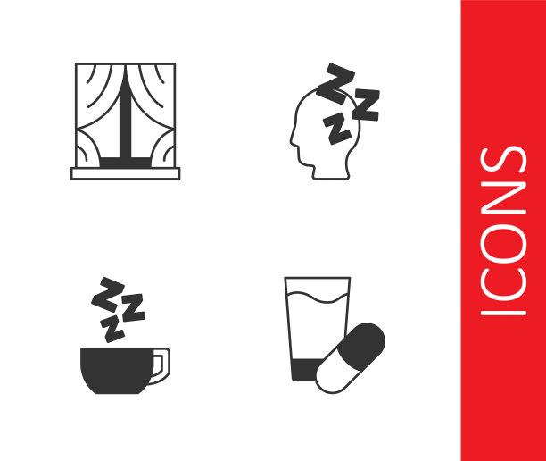 设置安眠药，窗户与窗帘，洋甘菊茶和梦想图标。向量图片下载