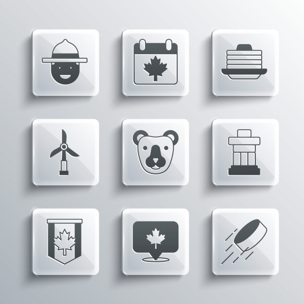 集加拿大枫叶，冰球，伊努克舒克，熊头，三角旗加拿大国旗，风力发电机，游侠帽和堆叠煎饼图标。向量图片下载