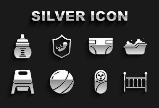 集沙滩球，婴儿浴缸，婴儿摇篮，新生婴儿襁褓，便盆，吸水性纸尿裤，奶瓶和盾牌图标。向量图片下载