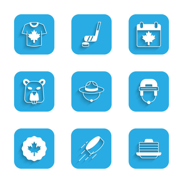 集加拿大游侠帽子，冰球，煎饼，头盔，枫叶，海狸动物，加拿大日与球衣图标。向量图片下载