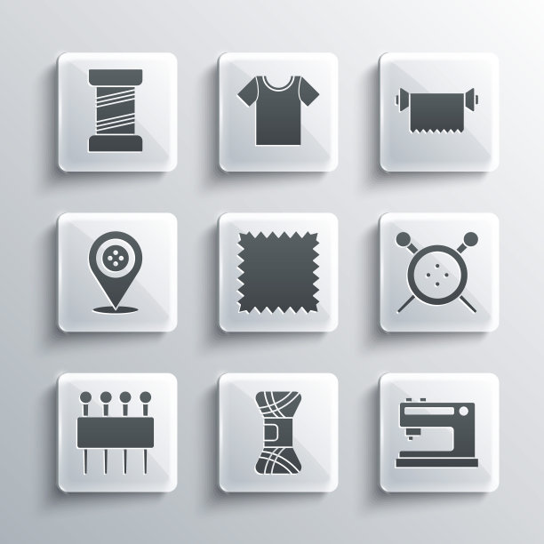 集纱线，缝纫机，纽扣和针织针，皮革，针用于缝纫，位置裁缝店，线和纺织织物卷图标。向量图片下载