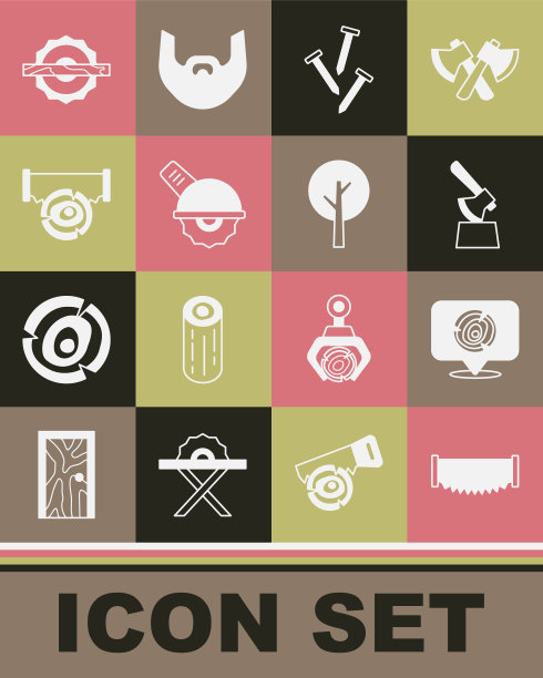 集双手锯，原木，斧头在残桩，金属钉子，电动圆形，和树图标。向量图片下载