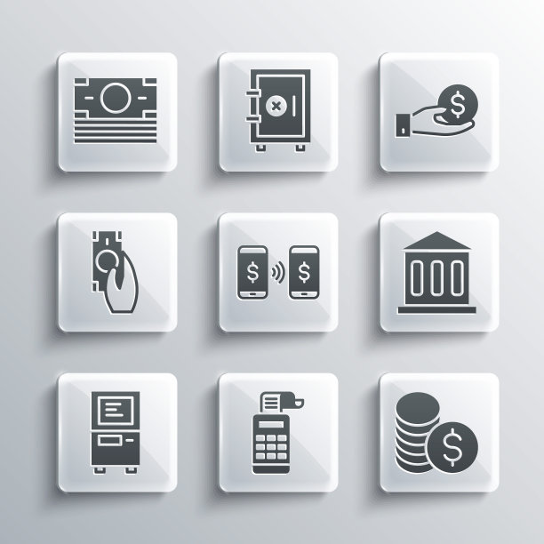 设置收银机，硬币与美元，银行大楼，现金转账，自动取款机，快速支付，堆叠纸币和赠送图标。向量图片下载
