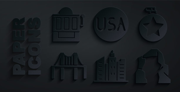 设置城市景观，水壶，金门大桥，大峡谷，美国标签和老虎机图标。向量图片下载