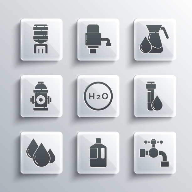 设置大瓶清洁水，水龙头，试管滴，化学公式的水，消防栓，冷却器和壶玻璃图标。向量图片下载