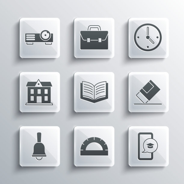 设置量角器网格，毕业帽在移动，橡皮橡胶，打开书，铃声，学校建筑，电影，电影，媒体投影仪和时钟图标。向量图片下载