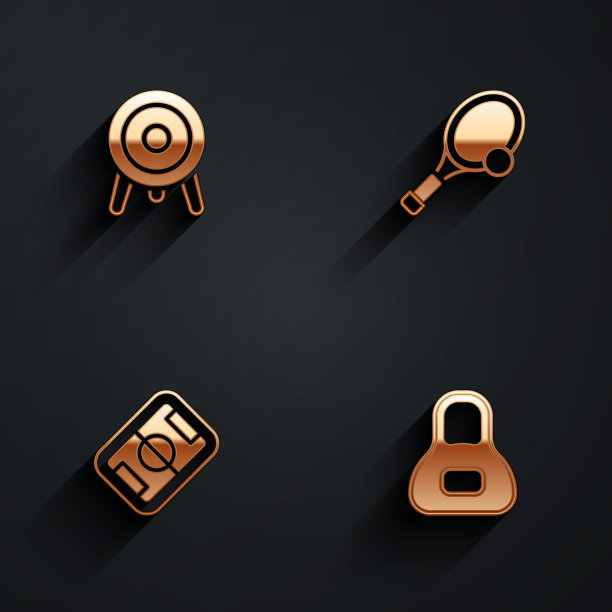 设定目标运动，网球拍与球，足球场和体重图标与长影子。向量图片下载