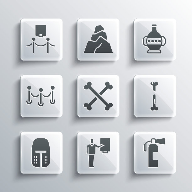 集合博物馆指南，灭火器，人类骨折，交叉的人类骨头，中世纪的铁头盔，绳屏障，图片和绳索和古代双耳罐图标。向量图片下载