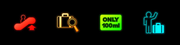 设置自动扶梯，行李丢失，液体在随身携带和游客与手提箱图标。向量图片下载