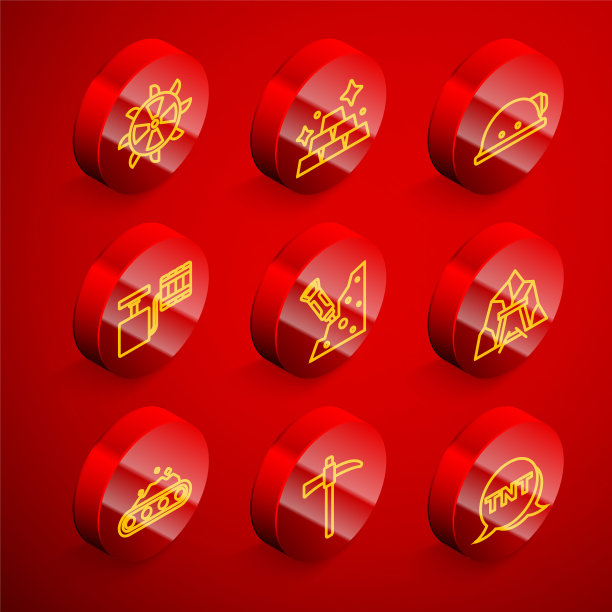 设置线斗轮挖掘机，金条，矿工头盔，手柄雷管，施工手提钻，入口，传送带载煤和鹤嘴锄图标。向量图片下载