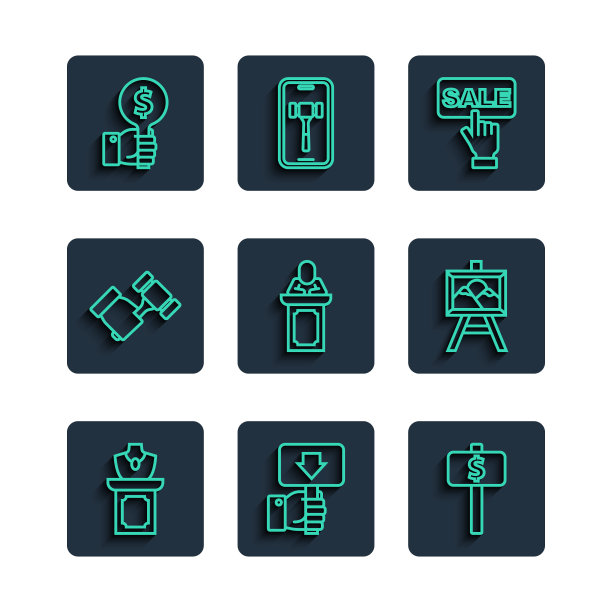 集线拍卖珠宝销售，手持拍卖桨，价格标签与销售，拍卖师销售，锤子，和绘画图标。向量图片下载