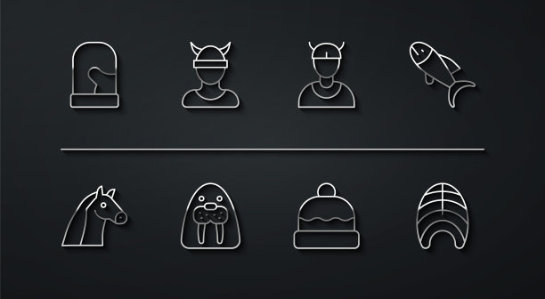 集线圣诞手套，马，鱼，豆豆帽，海象动物，维京头，牛排和图标。向量图片下载