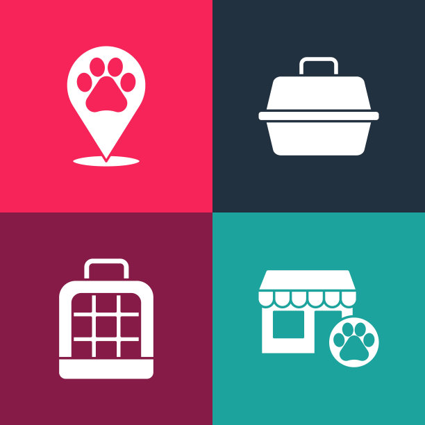 设置波普艺术兽医医院，宠物手提箱，和位置兽医图标。向量图片下载