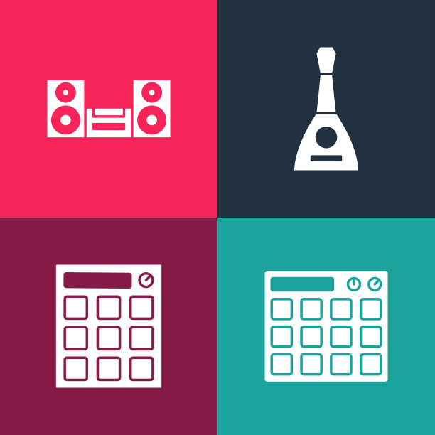 设置流行艺术鼓机，巴拉莱卡和家庭音响图标。向量图片下载