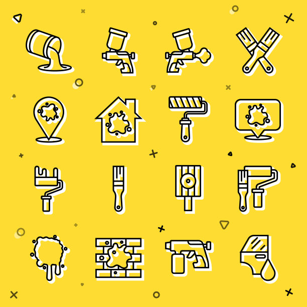 设置线汽车喷漆，油漆辊刷，喷涂，枪，油漆房子，桶和图标。向量图片下载