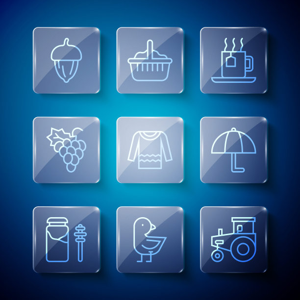 套装线罐蜂蜜和勺棒，小鸡，拖拉机，杯茶与茶包，毛衣，葡萄水果，橡果和雨伞图标。向量图片下载