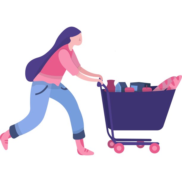 女人推着带有杂货图标的购物车图片下载
