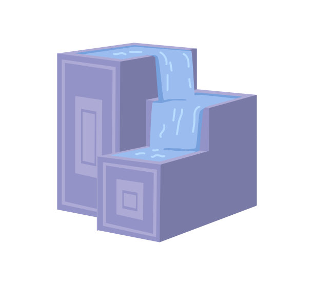 喷泉结构装饰，喷泉口有瀑布状的水。水库泉水清澈。景观和公园设计瀑布。平面卡通插图中的矢量图片下载