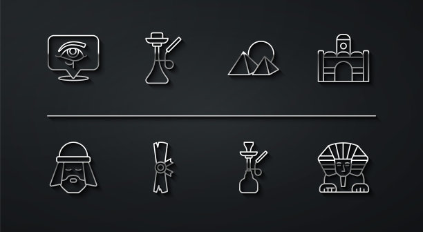 集线荷鲁斯之眼，埃及人，房子，水烟，纸莎草卷，狮身人面像和金字塔图标。向量图片下载