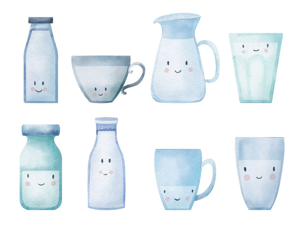 一套牛奶杯和瓶子，有滑稽的脸，天真和卡通风格。世界牛奶日卡片。数码插图。图片下载