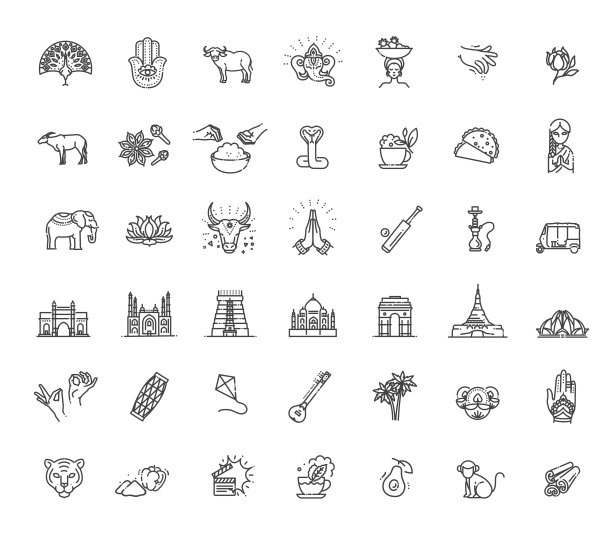 印度图标集。印度景点，线路设计。印度旅游业，孤立的矢量插图。传统符号图片下载