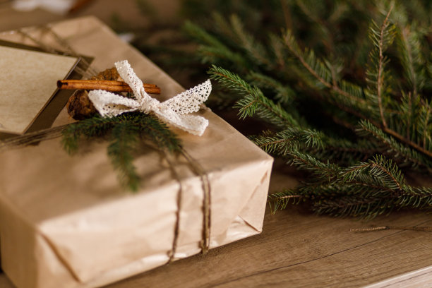 漂亮的圣诞礼盒与乡村装饰的顶部图片下载