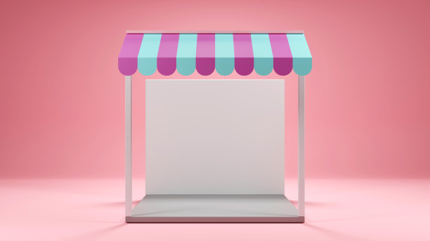 三维渲染空白糖果亭商店或空白展示商店与条纹雨棚在柔和的颜色背景图片下载